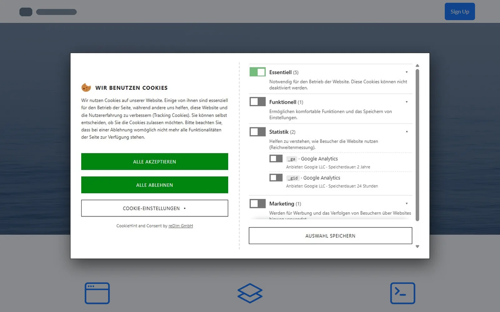 Beispiel-Website mit geöffnetem Cookie-Banner im Browserfenster