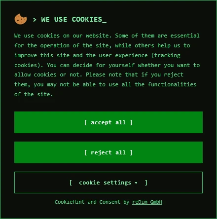 Banner-Style terminal: Retro-Terminal: Monospace, Prompt, Buttons in [ Klammern ]. (dunkle Variante)