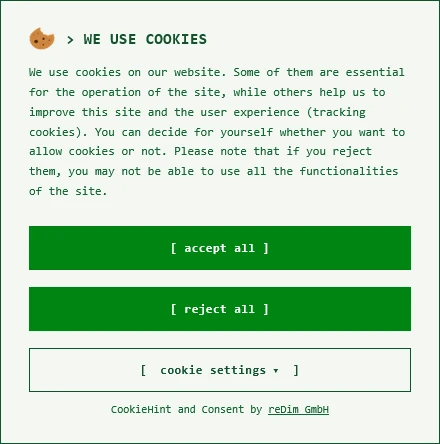 Banner-Style terminal: Retro-Terminal: Monospace, Prompt, Buttons in [ Klammern ].